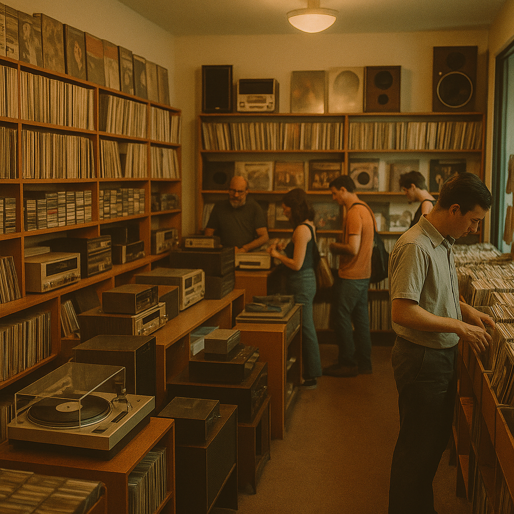 Clientes explorando tienda de música